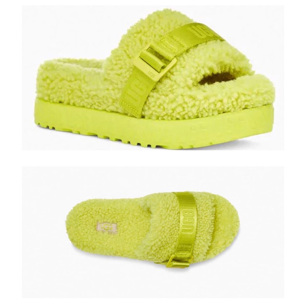 UGG Fluffita Lime Green Shearling Fluffy Platform Sandals